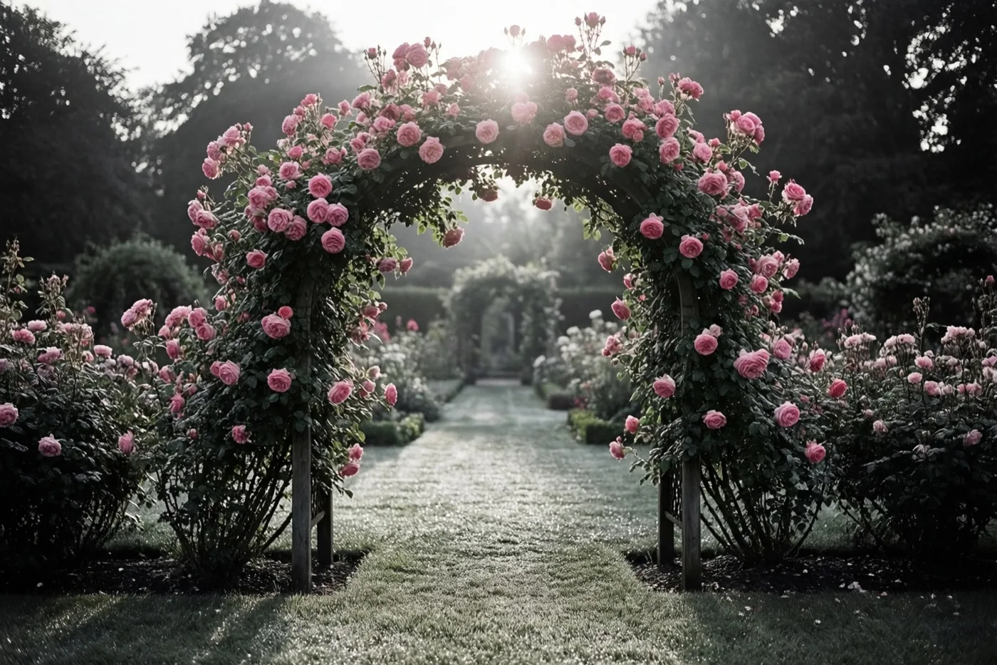 Een tuinboog vol roze klimrozen staat boven een bedauwd groen gazon in het licht van de opkomende zon met bomen en rozenstruiken op de achtergrond.