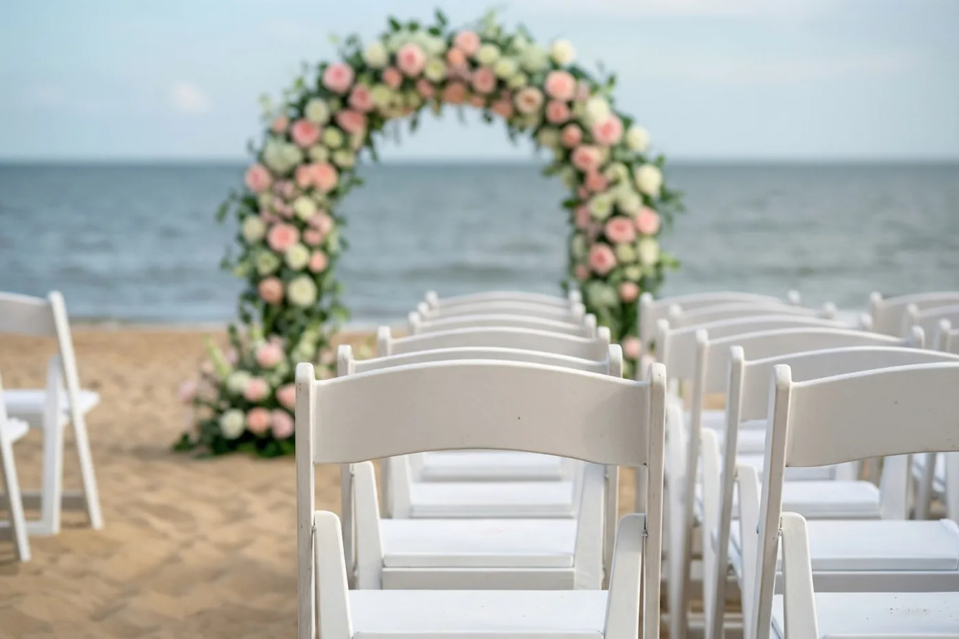 Rijen witte klapstoelen staan op een zandstrand tegenover een boog met roze en witte rozen, met een grijsblauwe zee en een bleke hemel op de achtergrond.