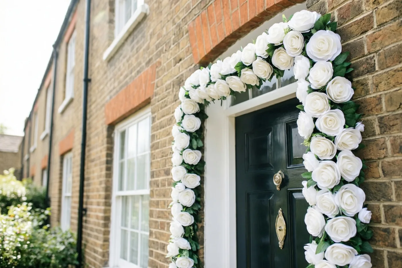 Een grote boog van witte papieren rozen siert de zwarte voordeur van een bakstenen rijhuis met witte raamkozijnen bij daglicht.