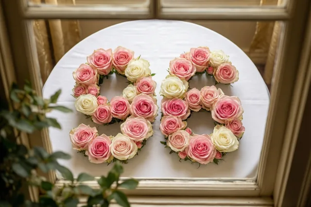 Roze en witte rozen vormen van bovenaf gezien 96 op een wit tafelkleed, omlijst door een licht raamkozijn met gedeeltelijk zichtbaar groen op de voorgrond.