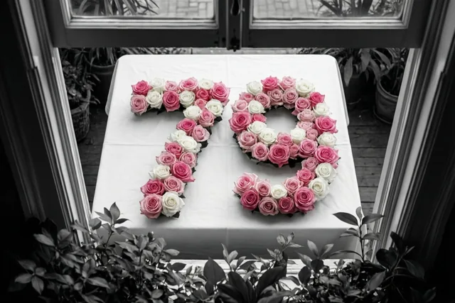 Van bovenaf is het getal 79 van roze en witte rozen op een wit tafelkleed te zien, met een raam en potplanten eromheen tegen een monochrome achtergrond.