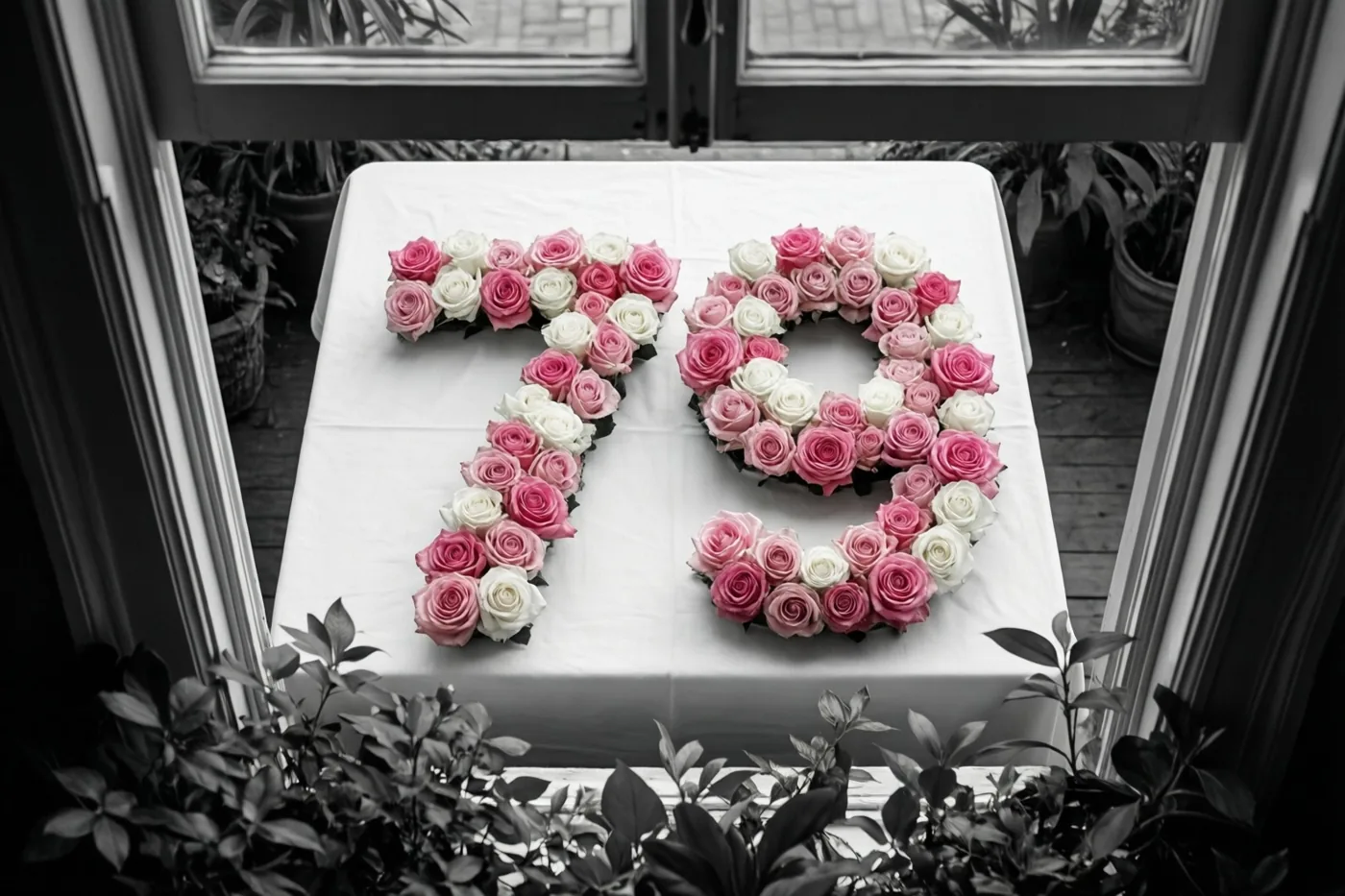 Van bovenaf is het getal 79 van roze en witte rozen op een wit tafelkleed te zien, met een raam en potplanten eromheen tegen een monochrome achtergrond.