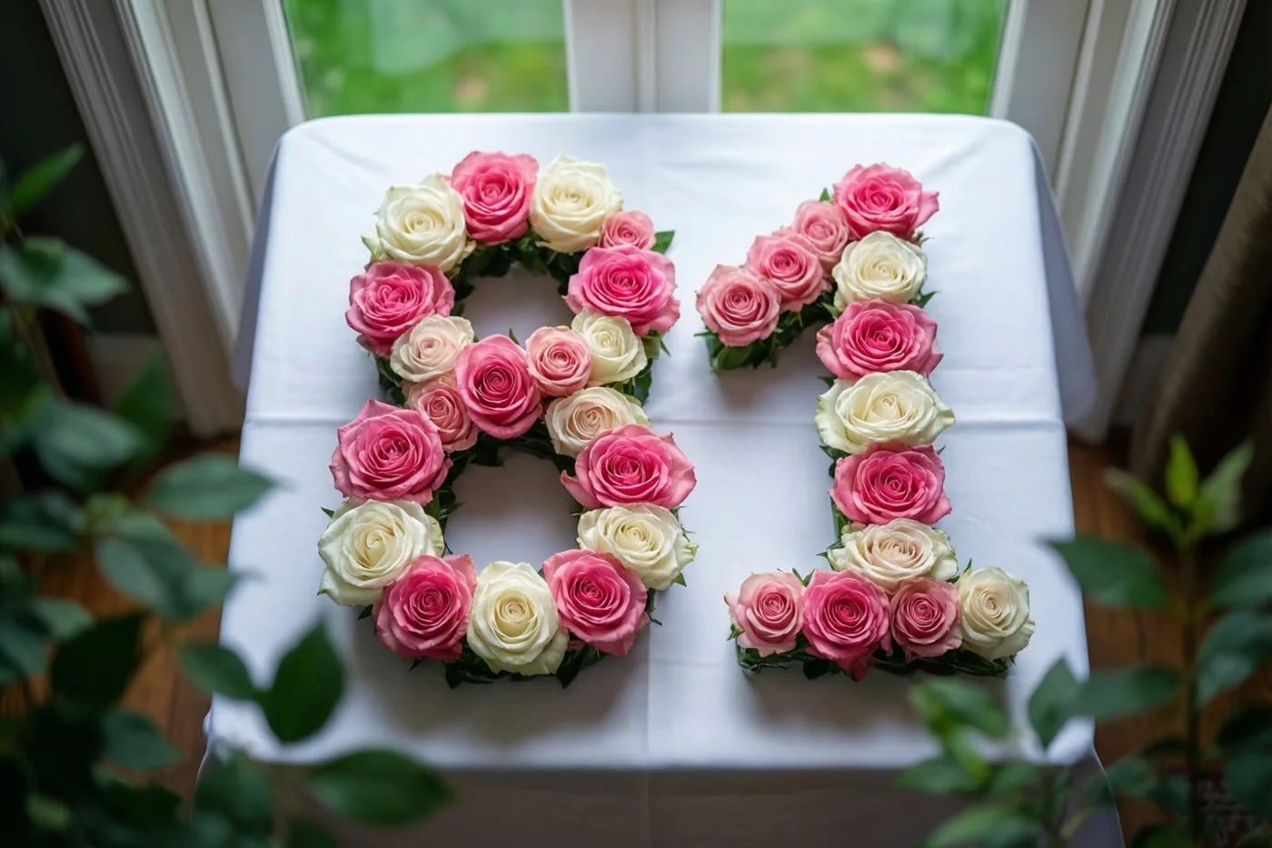 Roze en witte rozen vormen het getal 81 op een wit tafelkleed bij een raam, van bovenaf gezien met groen op de voorgrond en achtergrond.