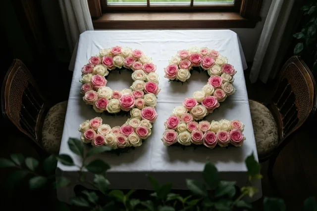 Roze en witte rozen vormen 92 op een wit tafelkleed, van bovenaf gezien bij een raam met houten stoelen en groen op de achtergrond.