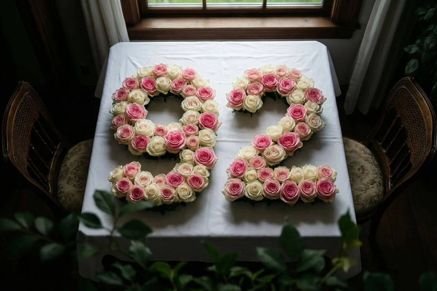 Roze en witte rozen vormen 92 op een wit tafelkleed, van bovenaf gezien bij een raam met houten stoelen en groen op de achtergrond.