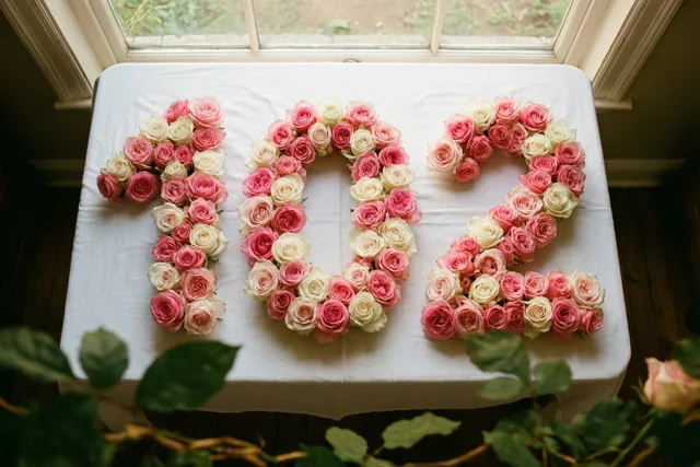 Een bovenaanzicht toont roze en witte rozen in de vorm van 102 op een wit tafelkleed bij een raam met natuurlijk licht.