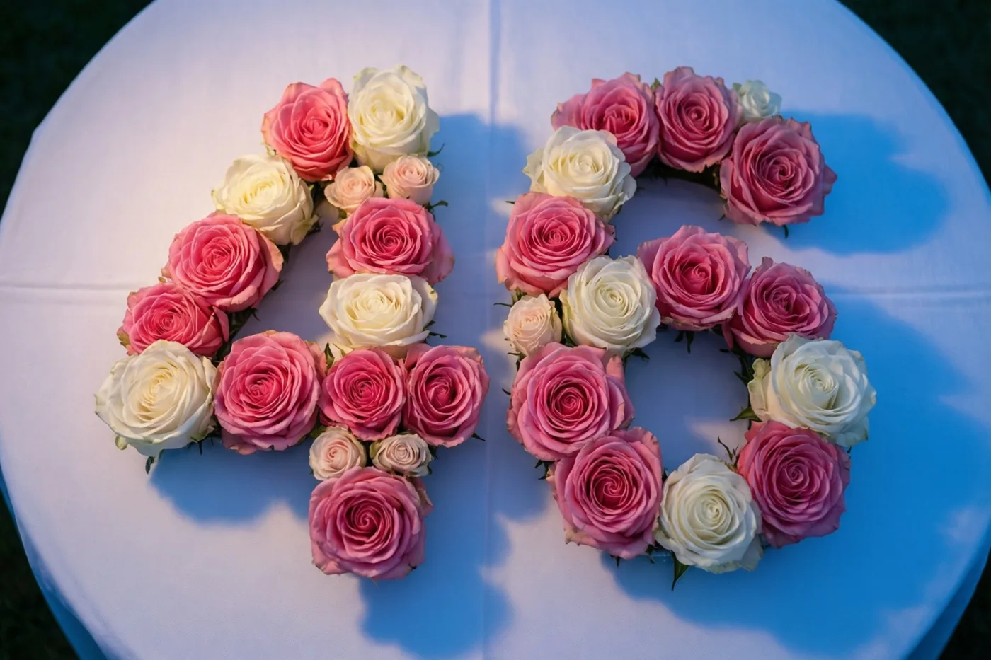Van bovenaf zijn roze en witte rozen te zien die buiten het getal 46 vormen op een wit tafelkleed met zachte schaduwen.