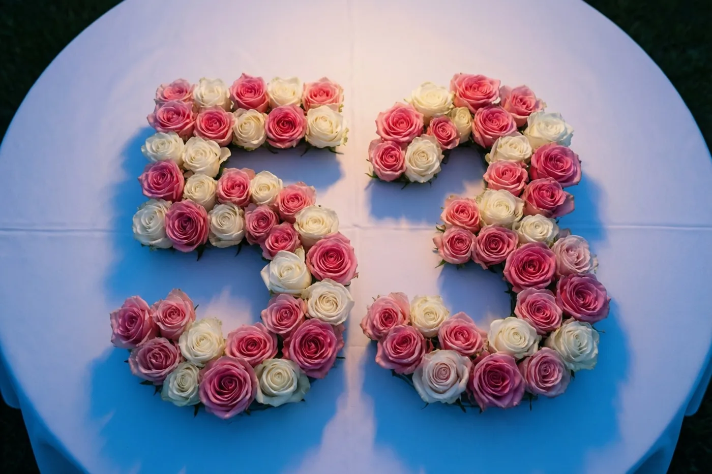 Roze en witte rozen vormen 53 op een wit tafelkleed buiten in zacht licht, recht van boven gefotografeerd.