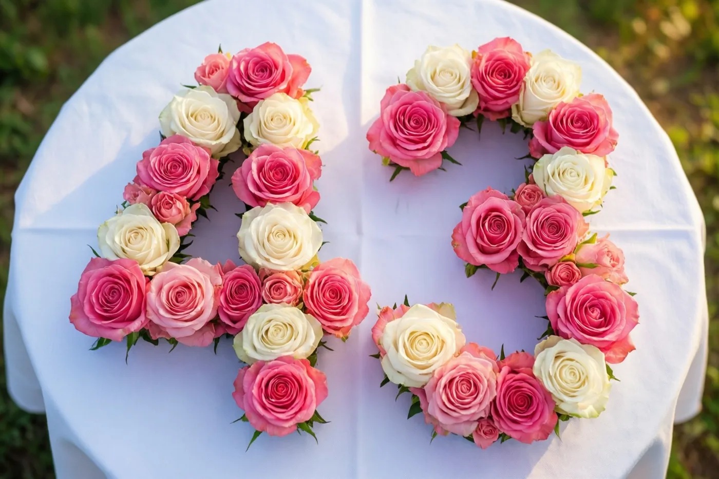 Roze en witte rozen vormen buiten het getal 43 op een wit tafelkleed, van bovenaf gefotografeerd in natuurlijk licht.