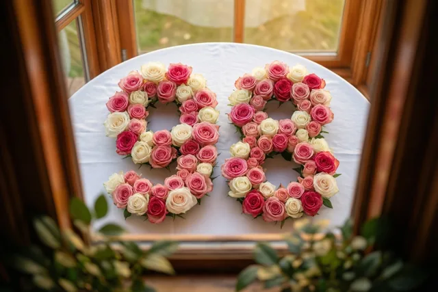 Door een houten raamkozijn zijn van bovenaf roze en witte rozen in de vorm van 98 te zien op een wit tafelkleed binnenshuis in natuurlijk licht.