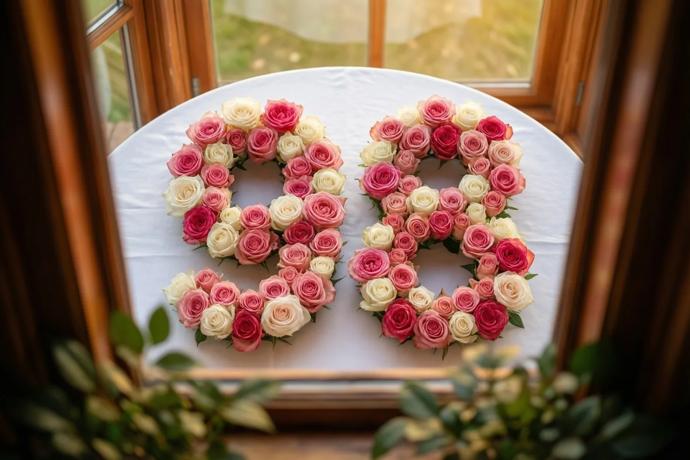 Door een houten raamkozijn zijn van bovenaf roze en witte rozen in de vorm van 98 te zien op een wit tafelkleed binnenshuis in natuurlijk licht.