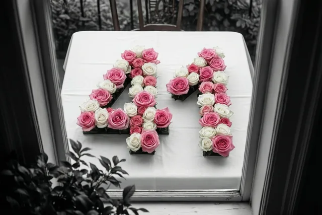 Door een raam zijn van bovenaf roze en witte rozen te zien die 41 vormen op een wit tafelkleed binnenshuis, met een zwart-witte achtergrond.
