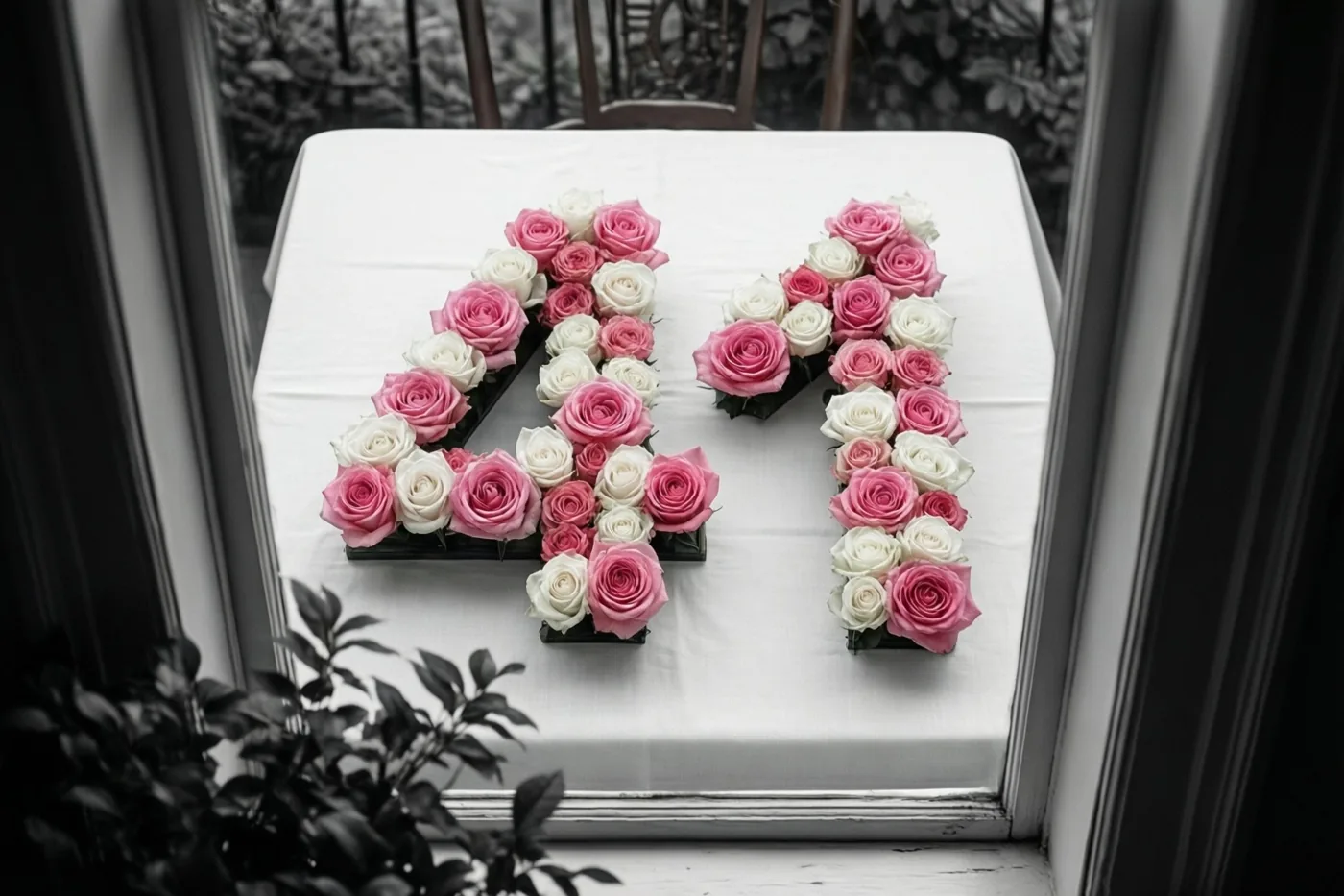 Door een raam zijn van bovenaf roze en witte rozen te zien die 41 vormen op een wit tafelkleed binnenshuis, met een zwart-witte achtergrond.