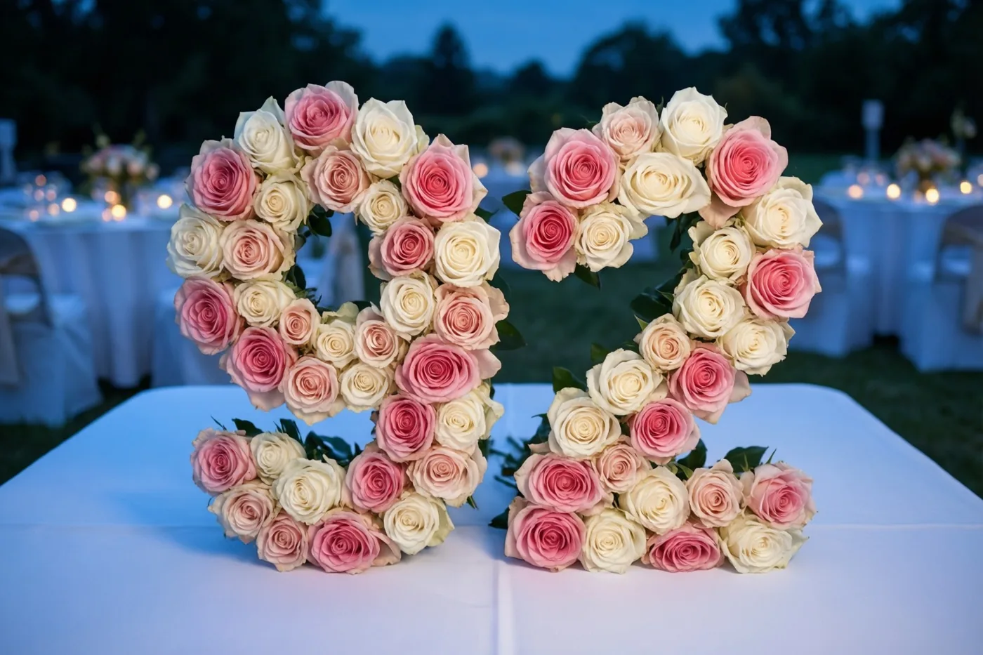 Roze en witte rozen vormen 92 op een wit tafelkleed buiten in de schemering, met zacht verlichte tafels op de achtergrond.