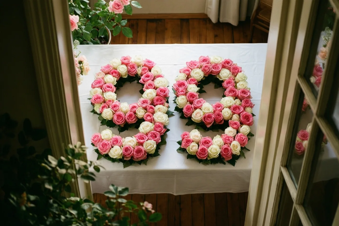 Van bovenaf is 99 van roze en witte rozen op een wit tafelkleed te zien, omlijst door een deuropening met een houten vloer en groen rondom.