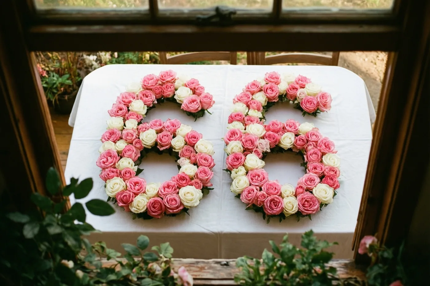 Roze en witte rozen vormen het getal 66 op een wit tafellaken, van bovenaf gezien binnen een houten raam- of deurkader met groen op de voorgrond en achtergrond.