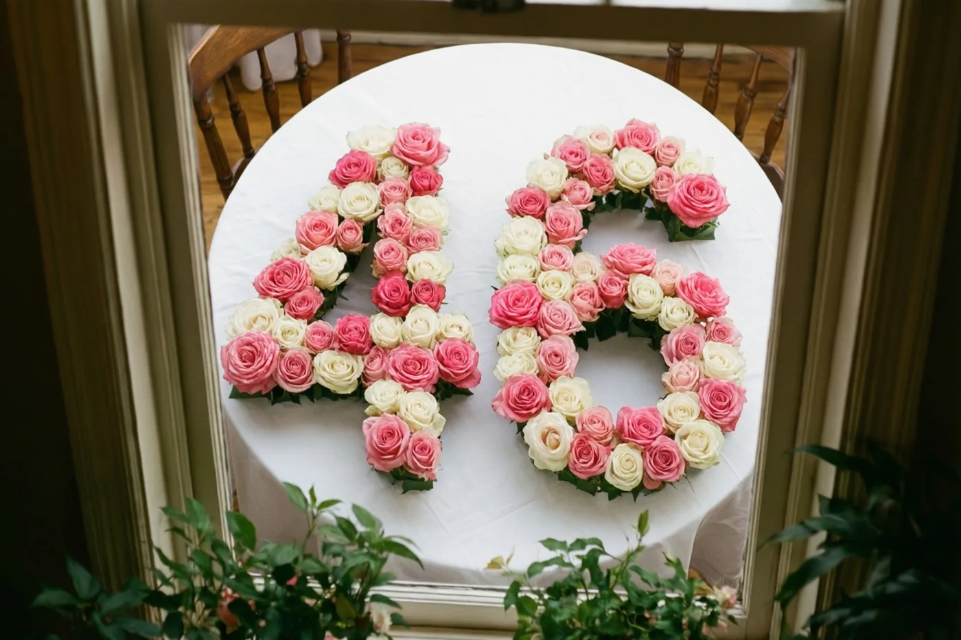 In een spiegel met houten lijst is van bovenaf het getal 46 van roze en witte rozen op een wit tafelkleed te zien, met groen op de voorgrond.