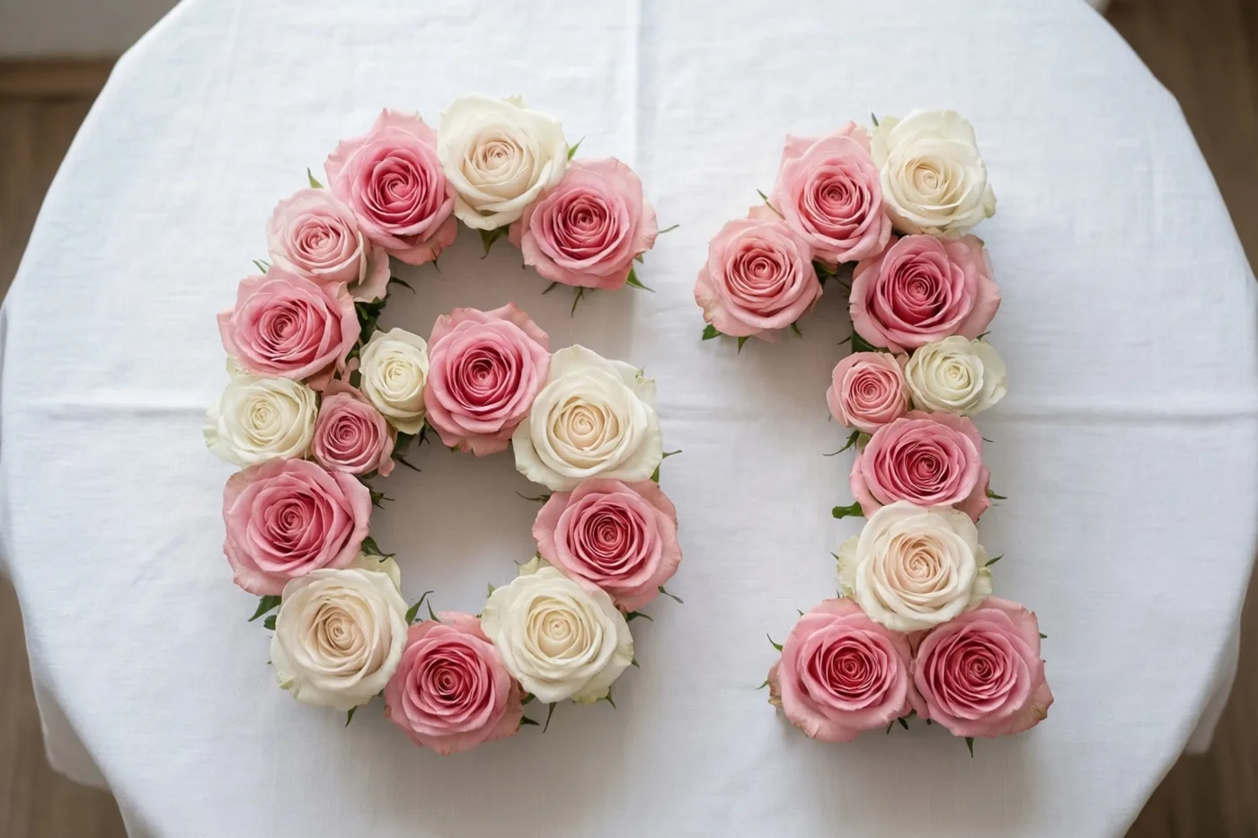 Van recht bovenaf is het getal 61 van roze en witte rozen te zien op een wit tafelkleed in zachte pasteltinten.