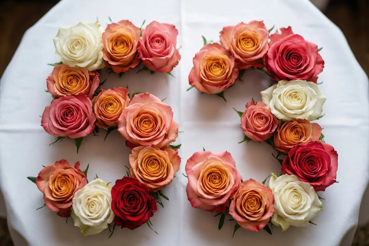 Roze en witte rozen vormen het getal 53 op een wit tafelkleed, recht van boven gefotografeerd in zachte roze, perzik- en roomtinten.