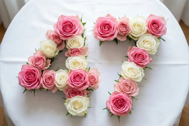 Van bovenaf zijn roze en roomwitte rozen te zien die het getal 47 vormen op een wit tafelkleed in zacht, helder licht.