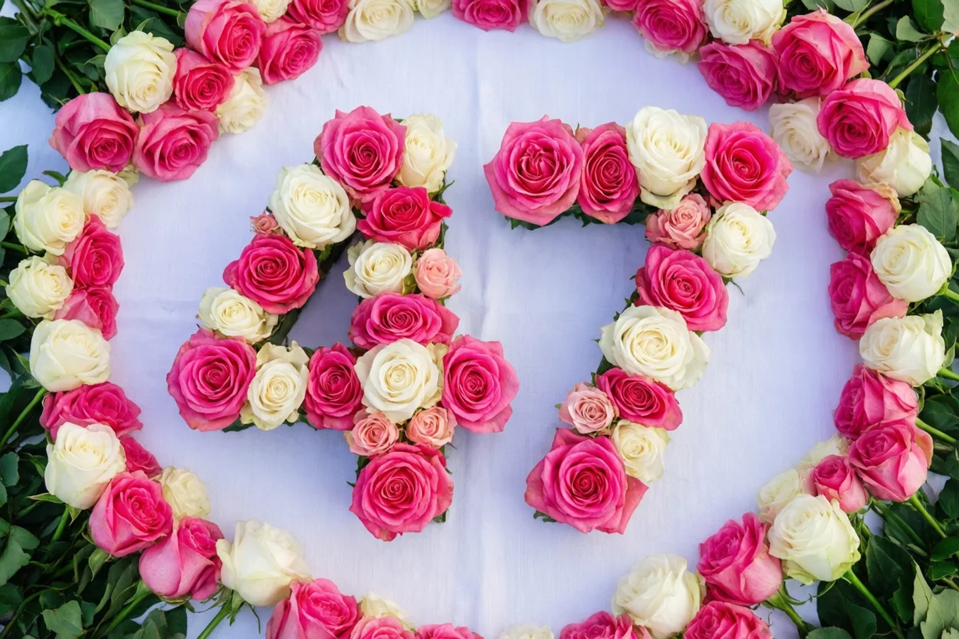 Roze en witte rozen vormen een symmetrisch geschikt getal 47 op een wit tafelkleed, van bovenaf gezien met groene stelen rondom.