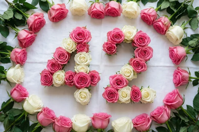 Roze en witte rozen vormen 42 in een symmetrische schikking op een wit tafelkleed, van boven gezien met groene stelen en bladeren eromheen.