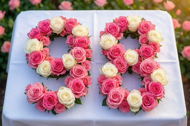 Roze en witte rozen vormen van bovenaf gezien 98 op een wit tafelkleed buiten, met onscherpe roze rozen op de achtergrond.