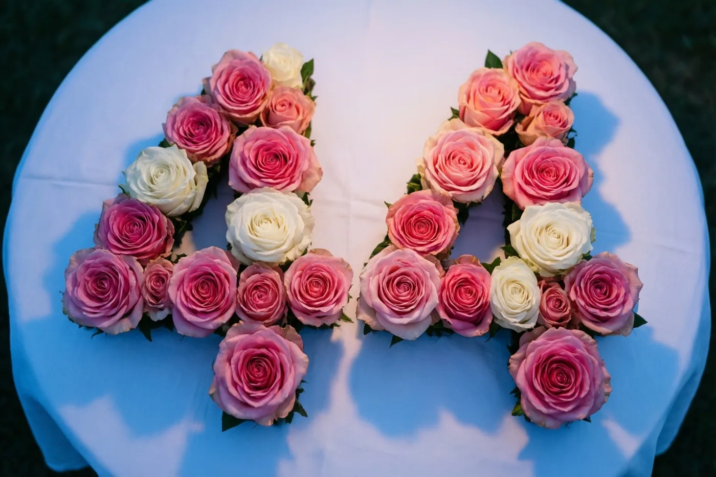 Buiten vormen roze en witte rozen 44 op een wit tafelkleed, van bovenaf gezien in zacht licht met lichte schaduwen.