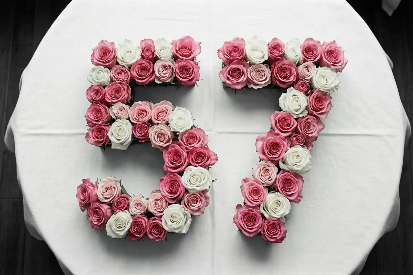 Van bovenaf is het getal 57 te zien, gelegd met roze en witte rozen op een wit tafelkleed in zachte tinten.