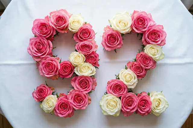 Van bovenaf zijn roze en witte rozen te zien die 92 vormen op een wit tafelkleed.