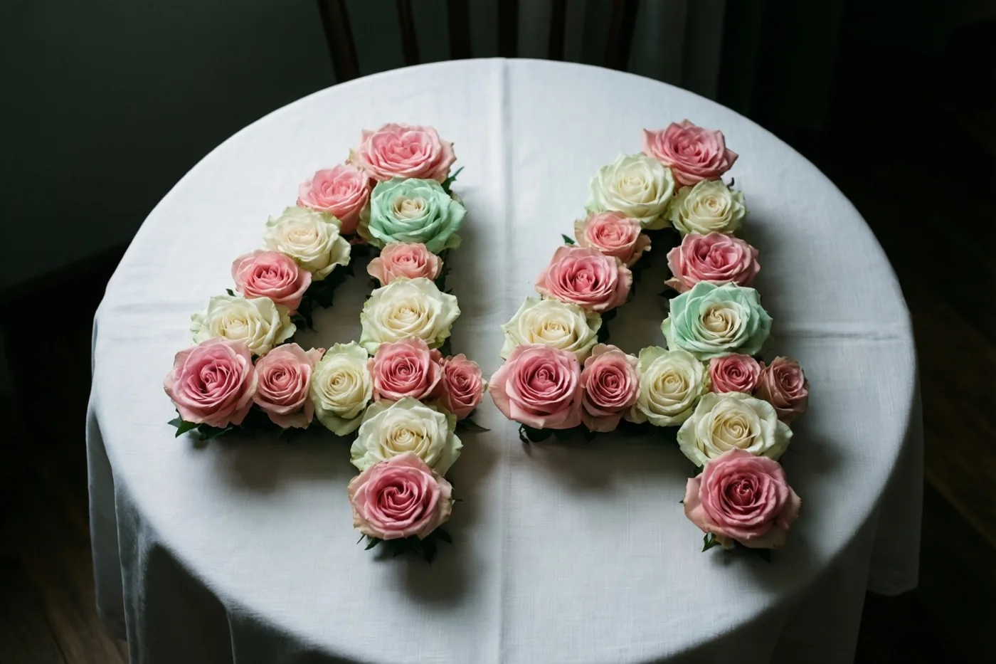 Roze en witte rozen vormen 44 op een wit tafelkleed, recht van bovenaf gefotografeerd in zacht licht.