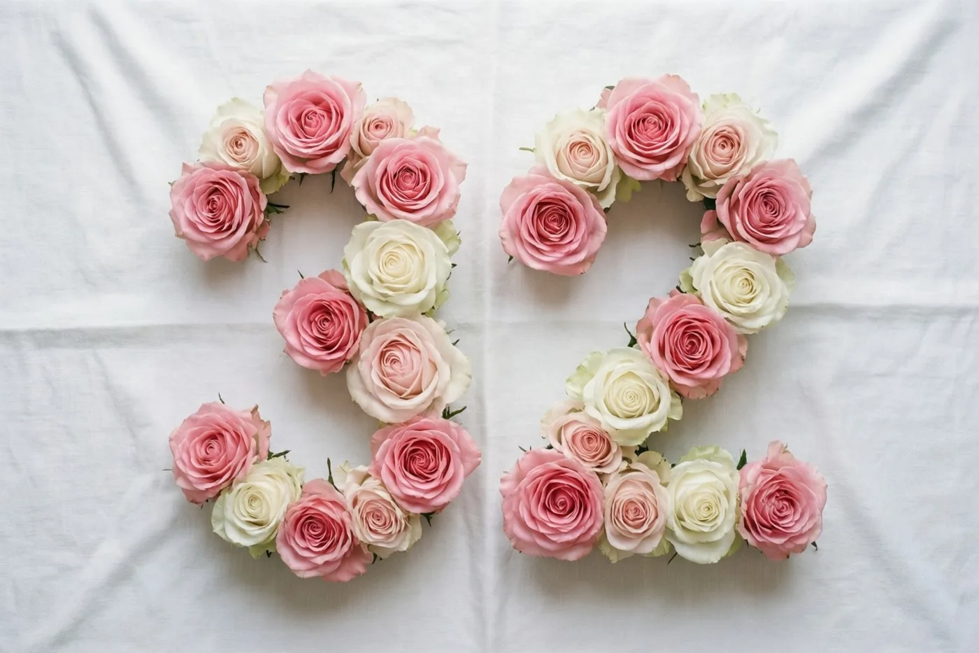 Roze en witte rozen vormen 32 op een wit tafellaken, recht van boven gefotografeerd.