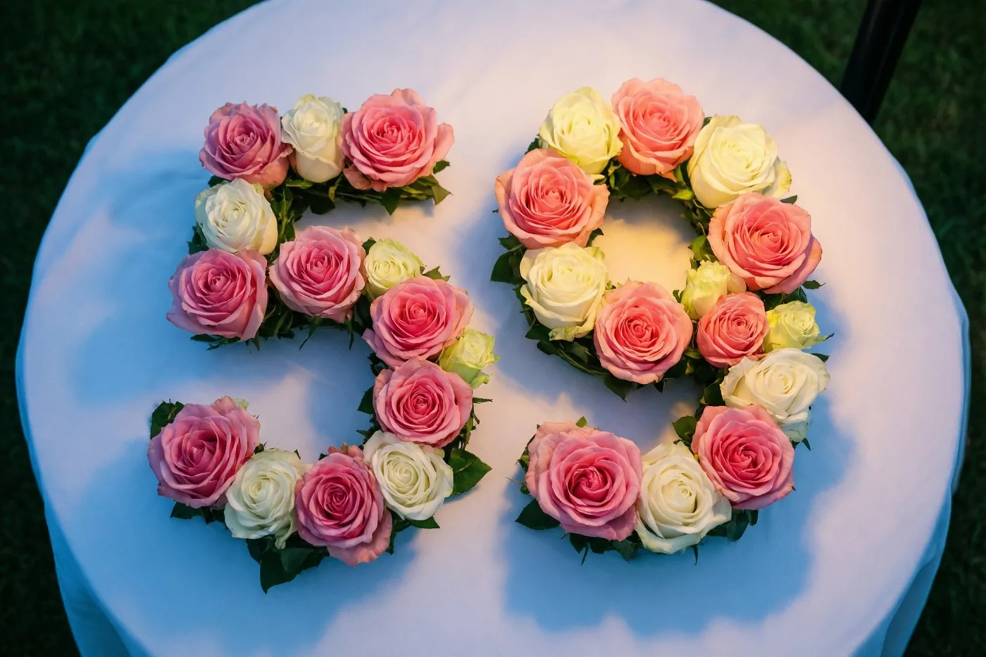 Roze en witte rozen vormen 59 op een wit tafelkleed buiten op het gras, gezien van bovenaf in zacht licht.