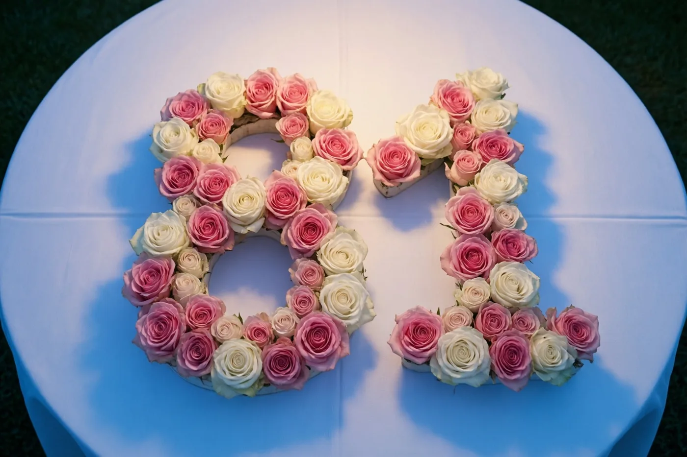 Het getal 81 van roze en witte rozen ligt op een wit tafelkleed buiten op het gras, van bovenaf gezien in zacht licht.