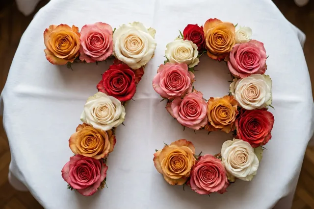 Het getal 79 is gelegd met rozen op een wit tafelkleed, van bovenaf gezien met roze, witte, rode en oranje tinten.
