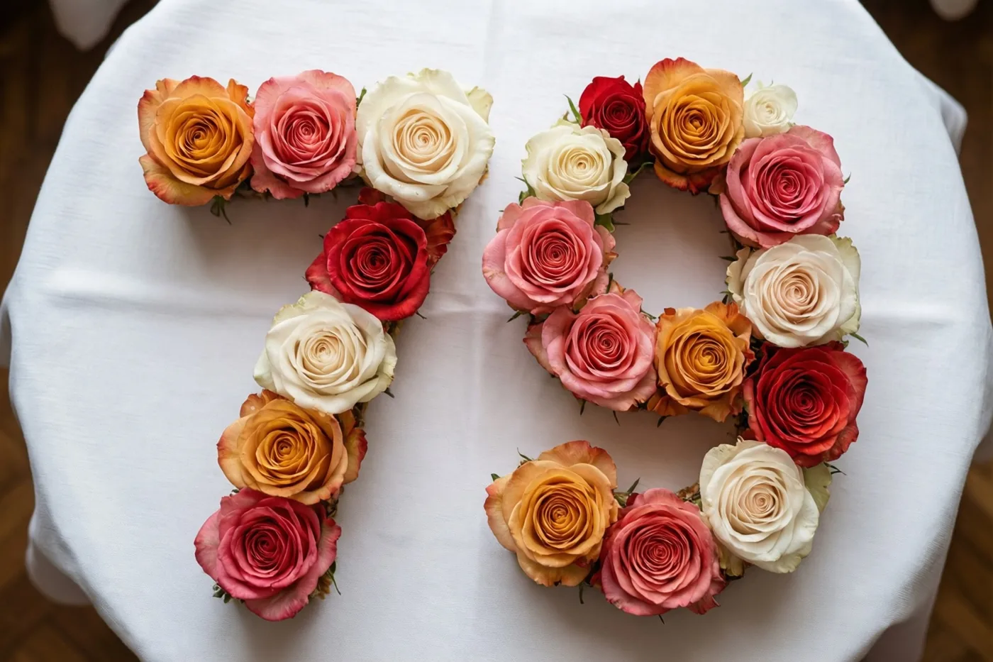 Het getal 79 is gelegd met rozen op een wit tafelkleed, van bovenaf gezien met roze, witte, rode en oranje tinten.