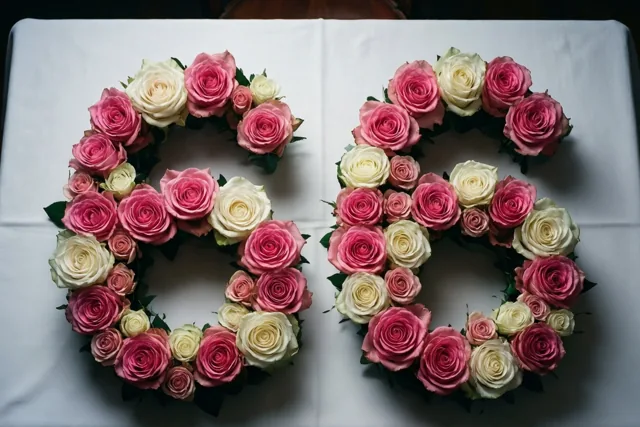 Roze en witte rozen vormen het getal 66 op een wit tafellaken tegen een donkere achtergrond, van bovenaf gezien.