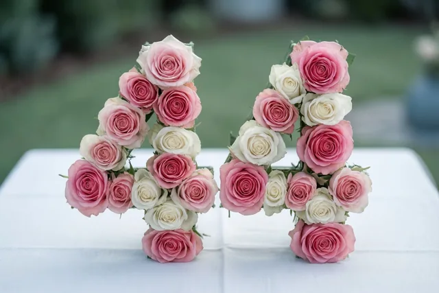 Roze en witte rozen vormen buiten 44 op een wit tafelkleed, met een onscherpe groene achtergrond.