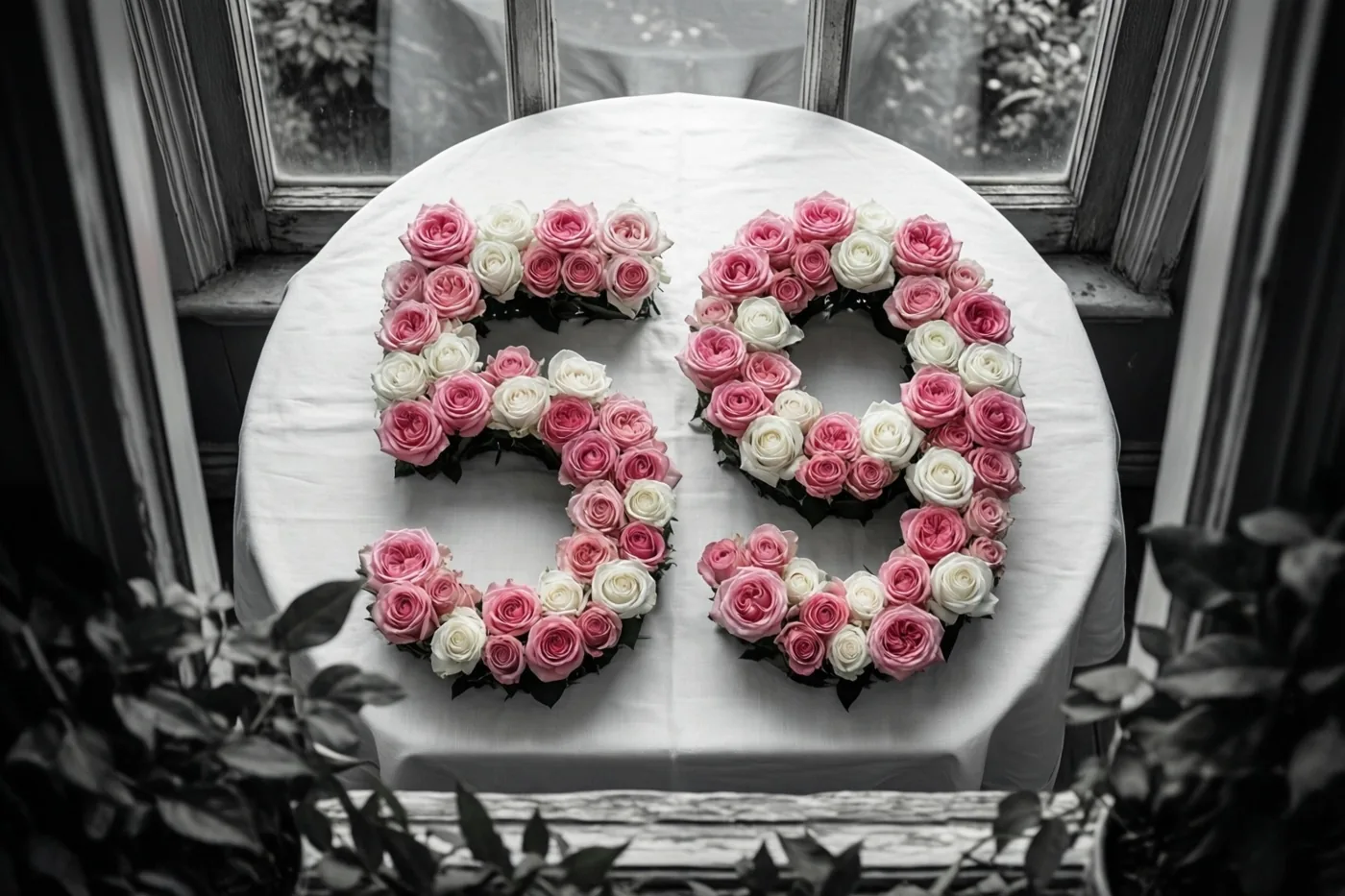 Van bovenaf is 59 van roze en witte rozen te zien op een wit tafelkleed bij een raam, tegen een zwart-witte achtergrond.