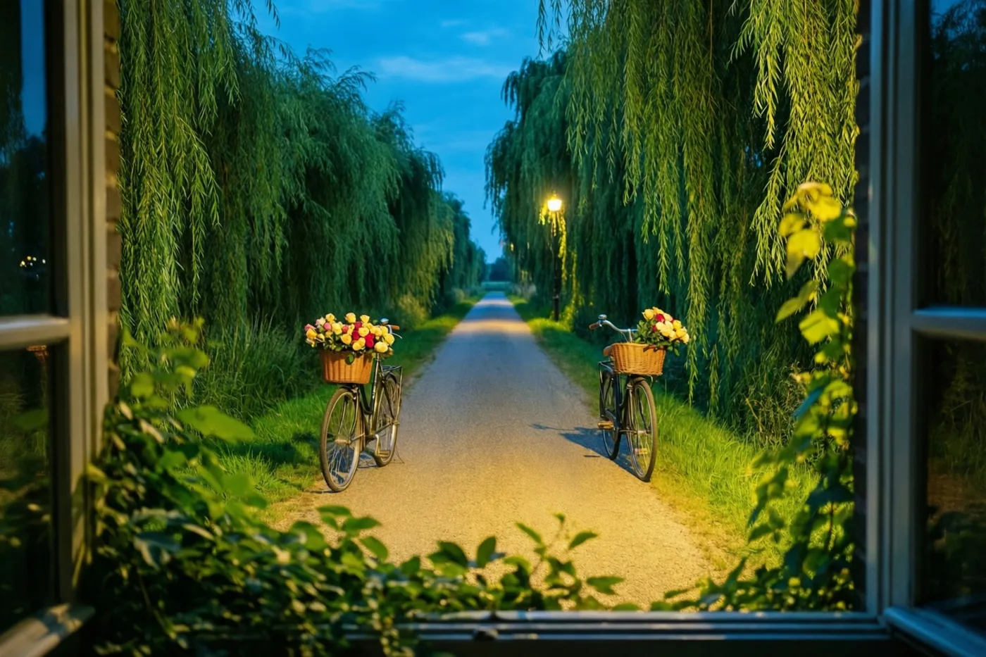 Door een open raam zijn twee oude fietsen met manden vol kleurrijke rozen te zien op een grindweg tussen knotwilgen, in het warme licht van een straatlamp bij schemering.