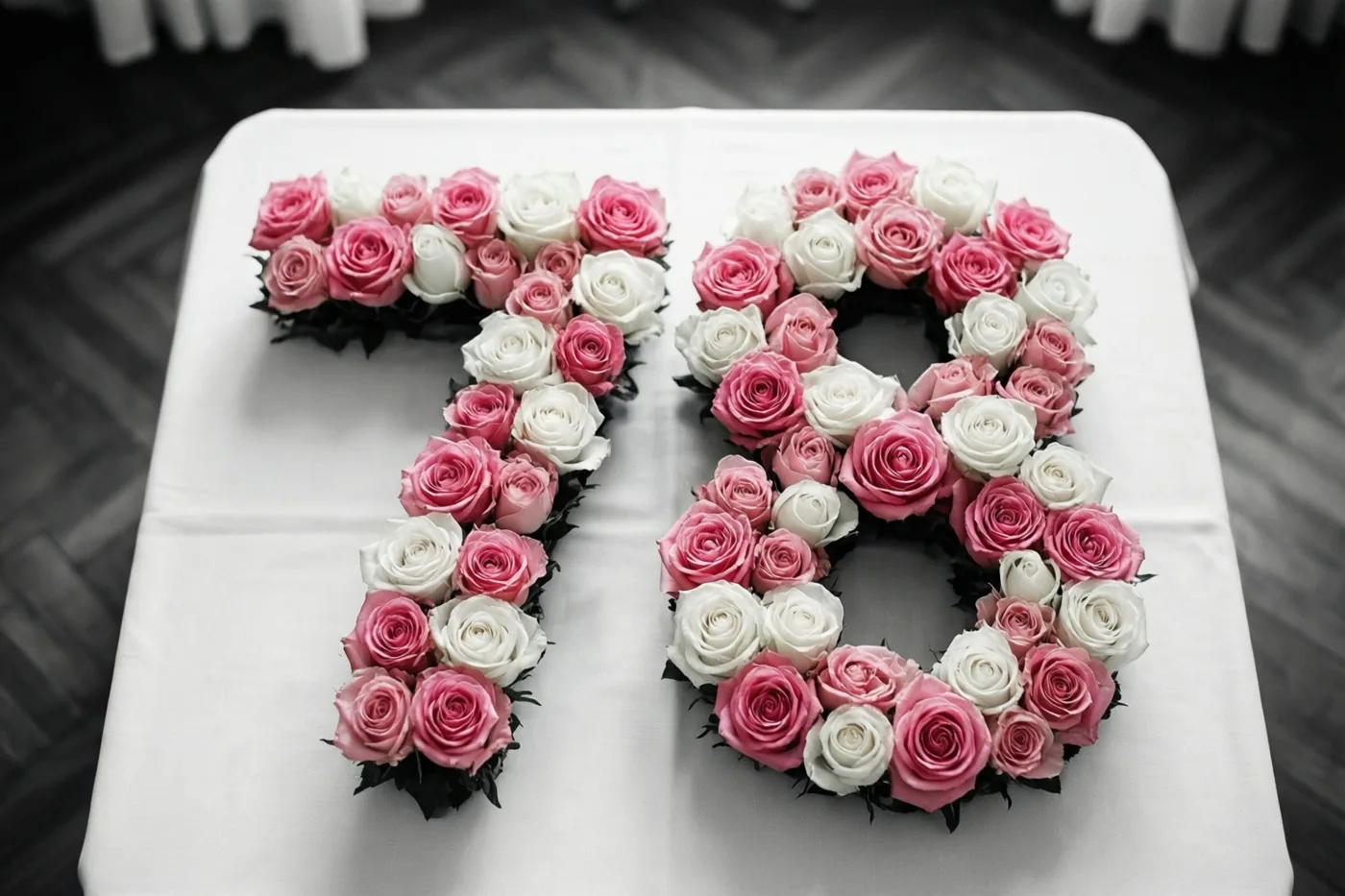 Van bovenaf is 78 van roze en witte rozen op een wit tafellaken te zien, met een donkere houten vloer op de achtergrond.