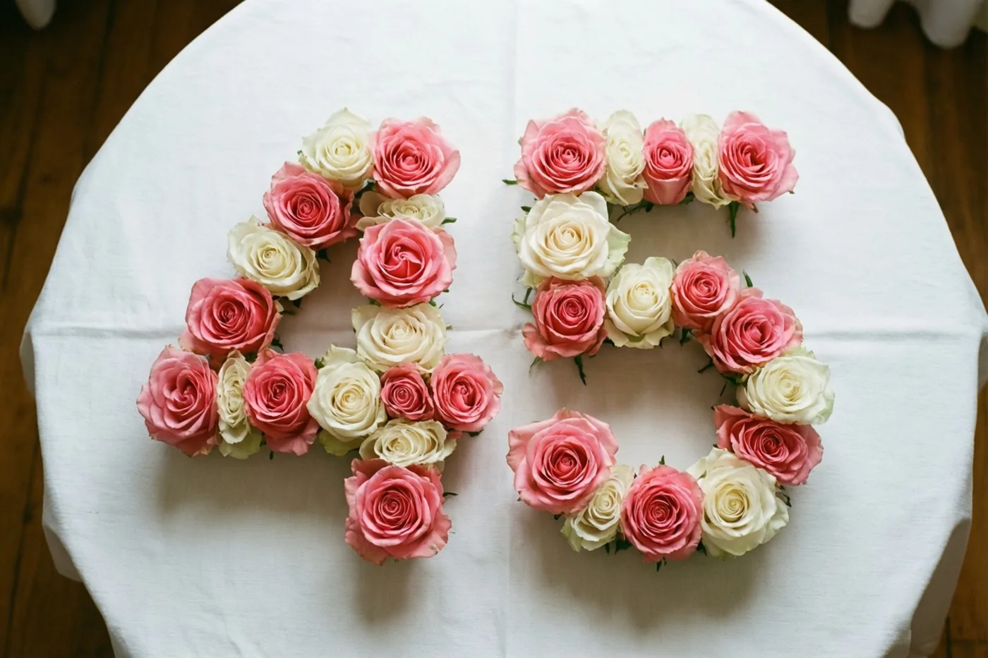 Het getal 45 van roze en witte rozen ligt op een wit tafelkleed boven een houten vloer, van bovenaf gezien in zacht daglicht.
