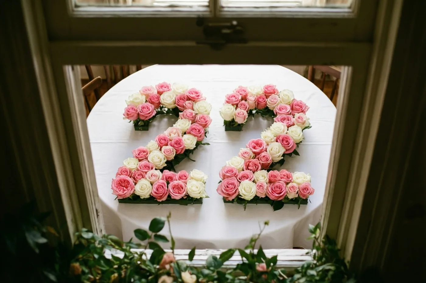 Door een raam is van bovenaf 22 van roze en witte rozen op een wit tafelkleed te zien, met groen op de voorgrond in zacht daglicht.