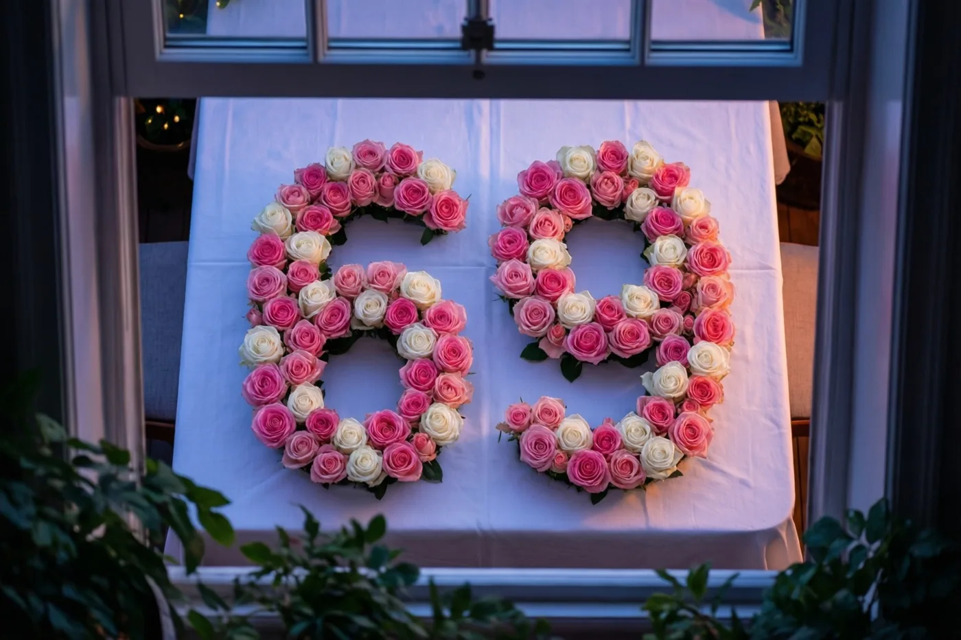 Van bovenaf door een raam is het getal 69 te zien, gevormd door roze en witte rozen op een wit tafelkleed in zacht, warm licht.