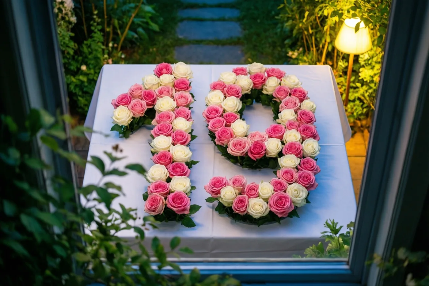Roze en witte rozen vormen 19 op een wit tafelkleed, van bovenaf door een raam bekeken, met groen rond de tafel in de schemering.