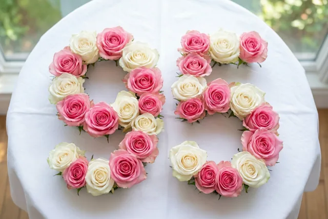 Roze en witte rozen vormen 95 op een wit tafellaken bij een raam met daglicht, van bovenaf gezien.