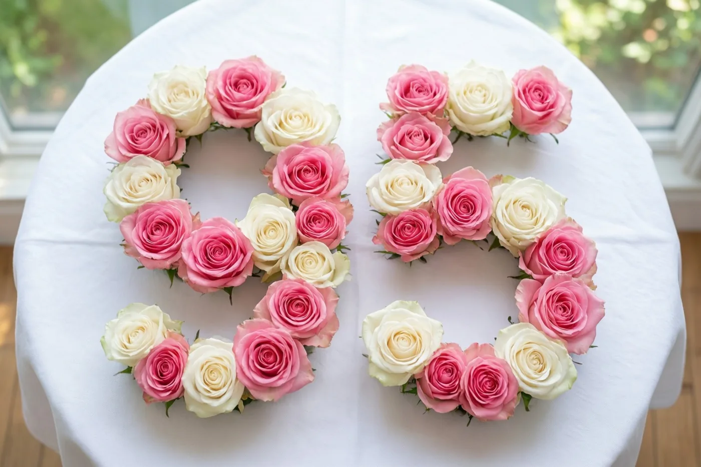 Roze en witte rozen vormen 95 op een wit tafellaken bij een raam met daglicht, van bovenaf gezien.