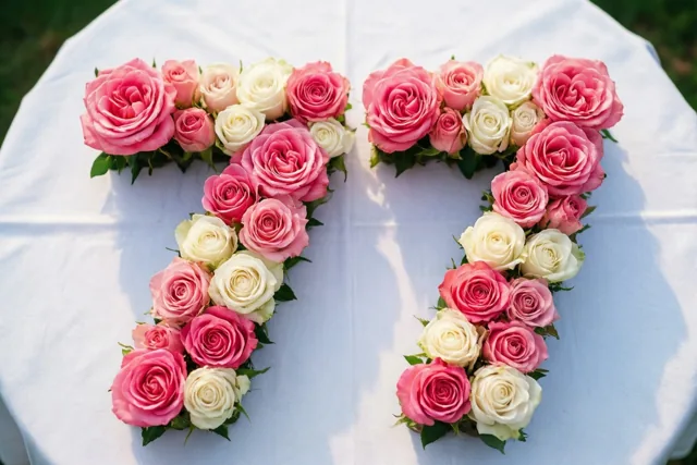 Roze en witte rozen vormen 77 op een wit tafellaken, van bovenaf gezien in zacht daglicht.