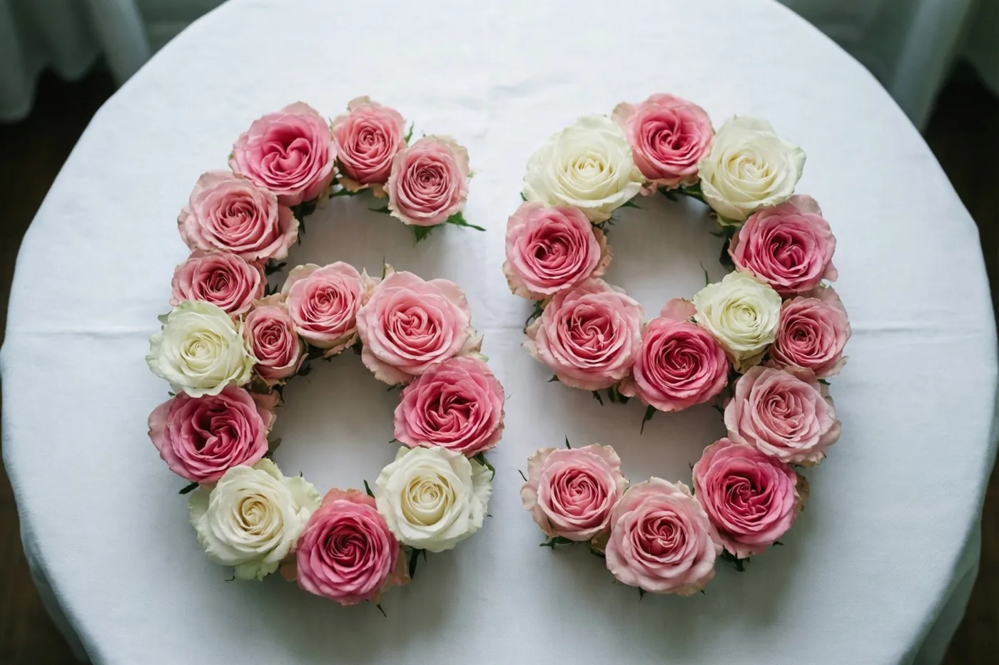 Van recht bovenaf is het getal 69 te zien, gevormd door roze en witte rozen op een wit tafelkleed.