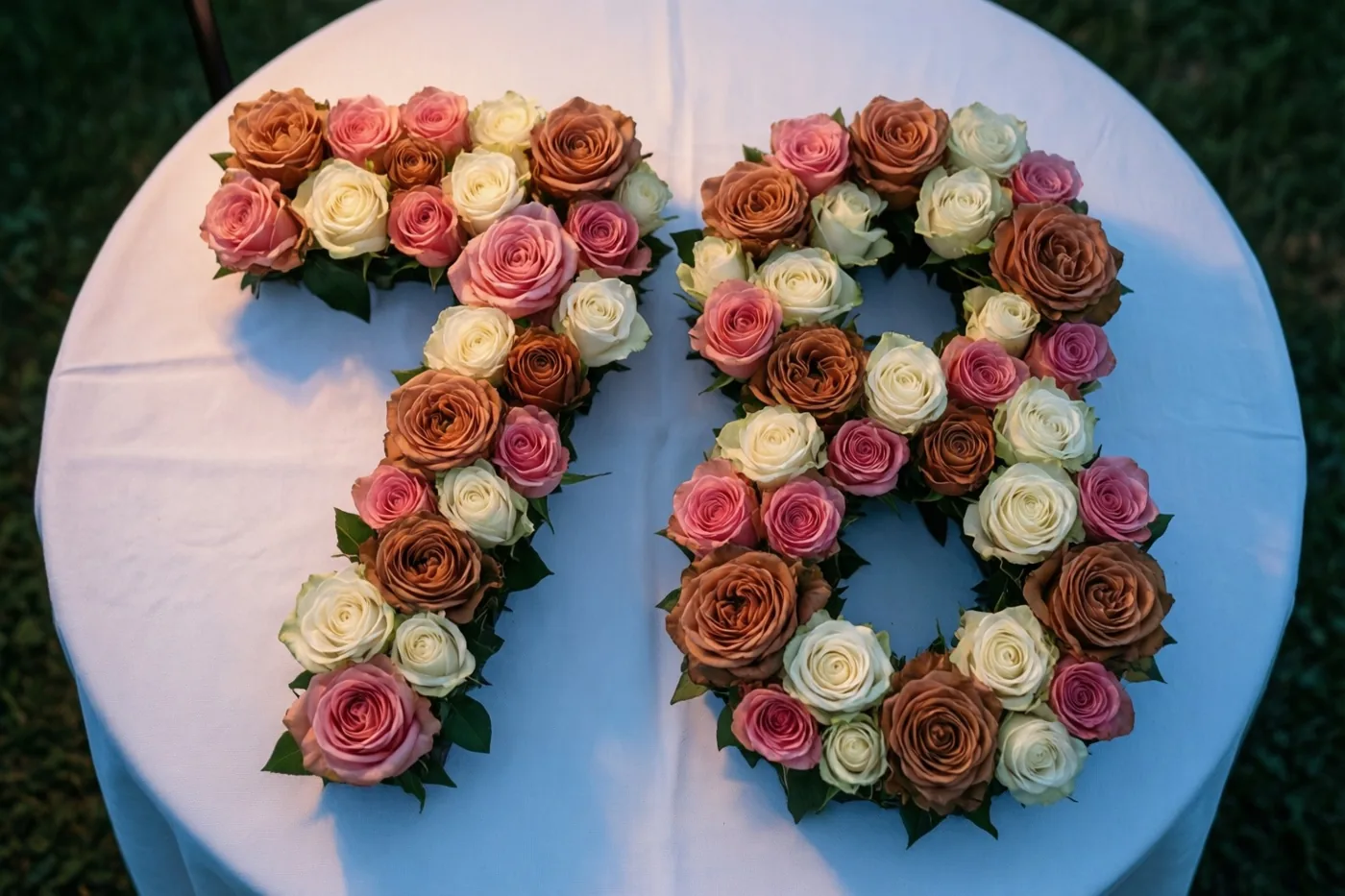 Roze en witte rozen vormen 78 op een wit tafellaken buiten op het gras, van bovenaf gezien in zacht licht.